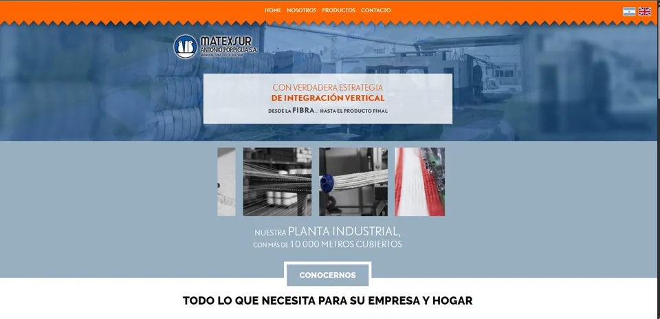 Screenshot of the previous Matexsur website homepage: orange zig-zag navigation bar over a blue-tinted factory photo with the 'integración vertical' headline and a row of small product thumbnails.