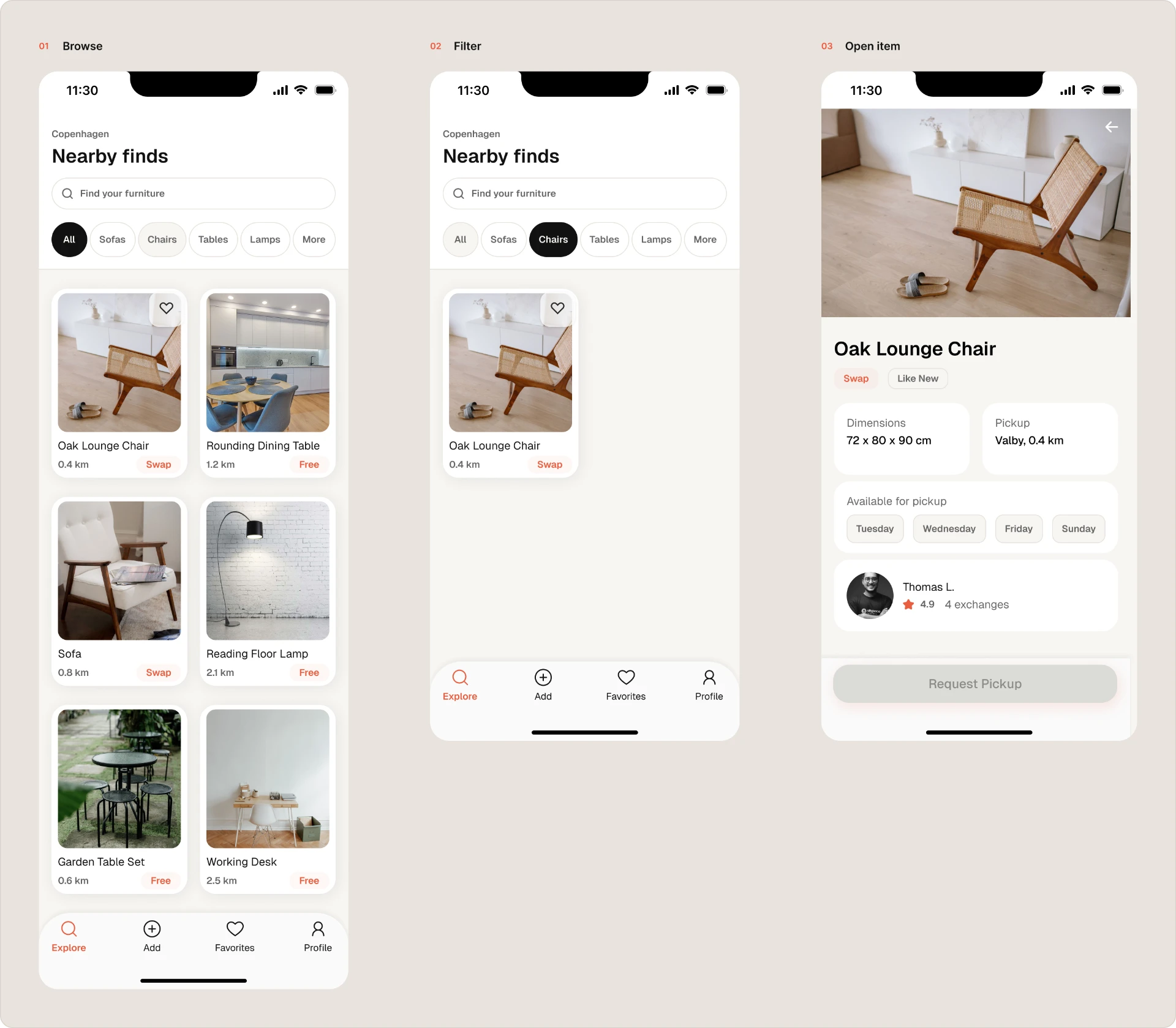 Three FS.dk screens showing furniture discovery, from browsing nearby finds and filtering by chairs to opening an item.