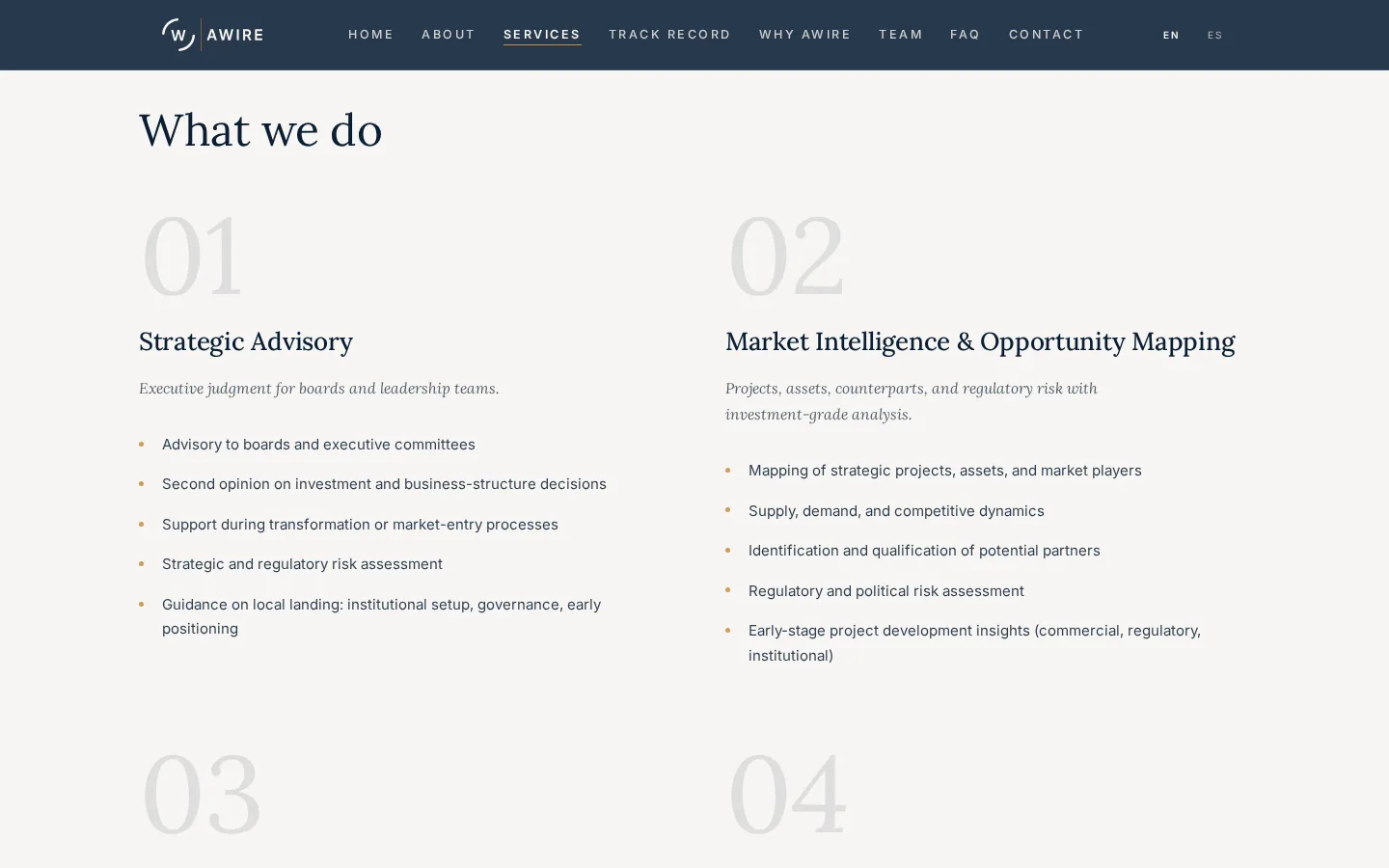AWIRE What we do section: numbered services, Strategic Advisory and Market Intelligence & Opportunity Mapping, each with a short list.