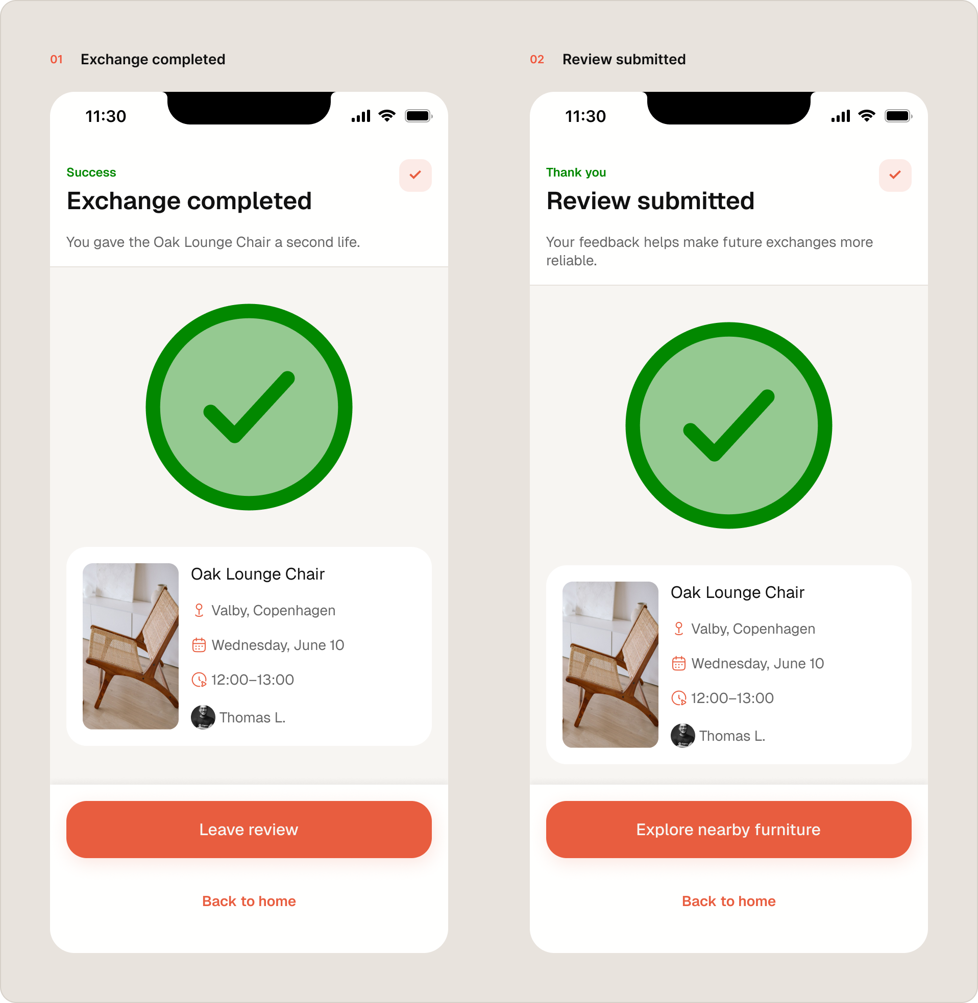 FS.dk screens showing a completed exchange and a submitted review.
