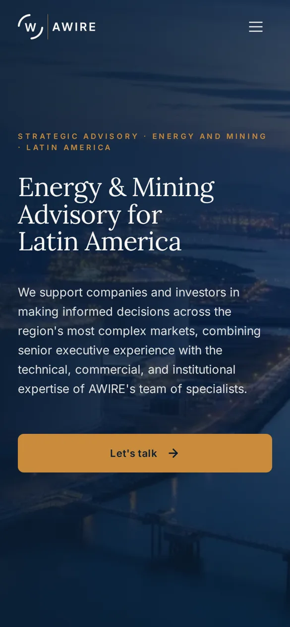 AWIRE homepage on a phone, with the same headline and Let's talk button stacked for a narrow screen.
