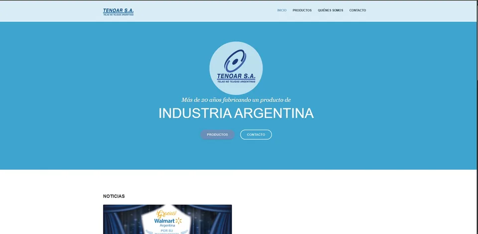 Screenshot of the previous Tenoar S.A. website homepage: light blue hero with a circular logo, the headline 'Industria Argentina' and Productos / Contacto buttons.